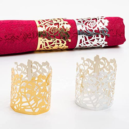 Disposable Rose Flower Napkin Rings Set of 100 - Gold Laser Cut Foil Table Decor for Weddings & Parties