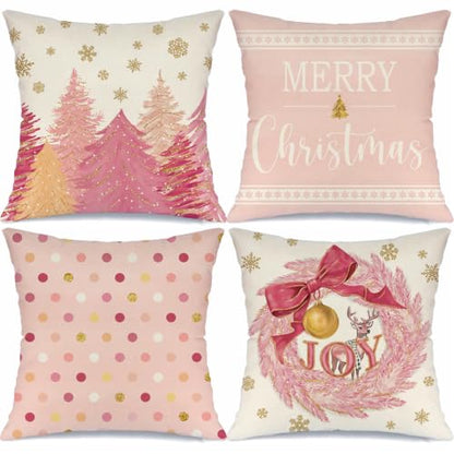 20x20 Inch Christmas Wreath Pillow Covers Set of 4 - Pink Holiday Decor