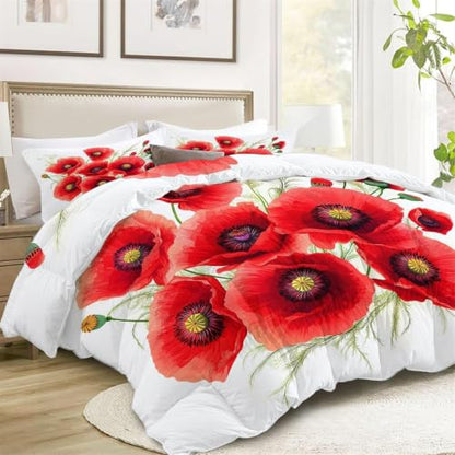 Red Poppies California King Comforter Set Microfiber Duvet All Season - Red