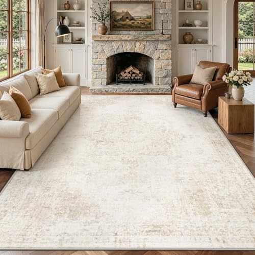 Washable 8x10 Area Rug for Living Room Vintage Boho Medallion Beige Non-Slip Low Pile Carpet