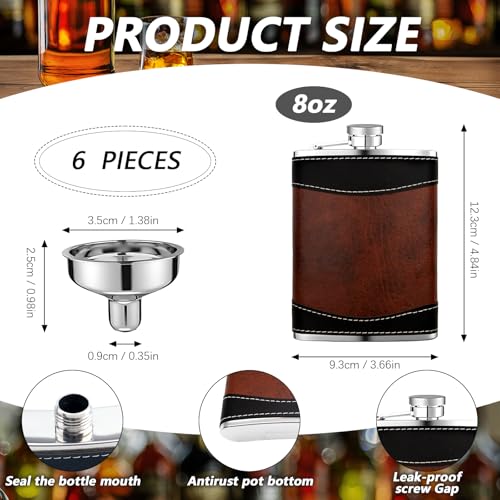Leather-Wrapped 8 oz Stainless Steel Liquor Flasks Set with Funnel - Leakproof Whiskey Drinking Bottles for Weddings & Parties