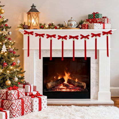 Christmas Velvet Bow Garland with Bells - Red Ribbon Holiday Decor
