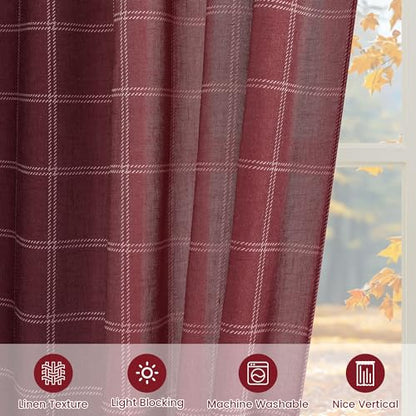 NICETOWN Buffalo Plaid Light Filtering Window Curtains - 52W x 108L Burgundy Red, Pack of 2, Diagonal Check