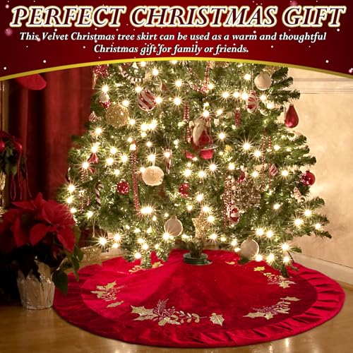 Christmas Tree Skirt Red 48 Inch Velvet with Gold Holly Embroidery - Variation of THIS listing