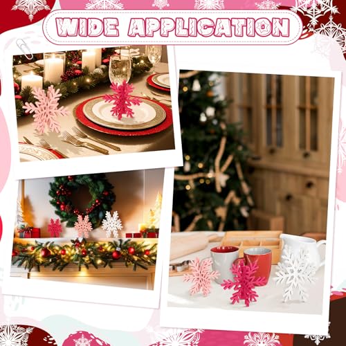 Wooden Snowflake Table Decorations Set - 12 Pcs Winter Holiday Centerpieces - White, Pink, Rose Red