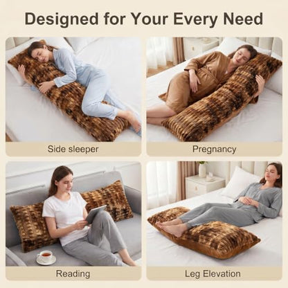 Brown Faux Fur Body Pillow 20x54 inch Plush Long Adjustable Support Pillow