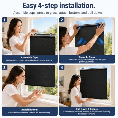 Blackout Window Shades 21W x 42H No Drill Retractable Roller Blinds with Suction Cups