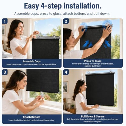 Blackout Window Shades 21W x 42H No Drill Retractable Roller Blinds with Suction Cups