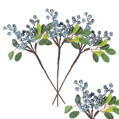Fake Blueberries with Natural Stems - 3 Pack Artificial Blueberry Decor