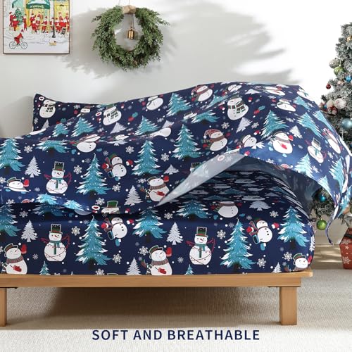 Queen Size Blue Christmas Sheet Set with Snowman Design - 4 Pieces