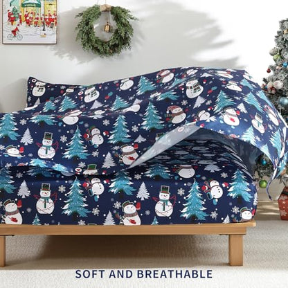 Queen Size Blue Christmas Sheet Set with Snowman Design - 4 Pieces