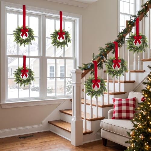 Mini Christmas Wreath Set with Red Velvet Bow - 6 Pcs Holiday Decor