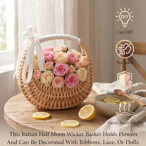 4 Pack Rattan Flower Girl Baskets Half Moon Straw Wicker Decor