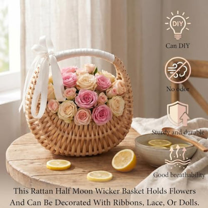 4 Pack Rattan Flower Girl Baskets Half Moon Straw Wicker Decor
