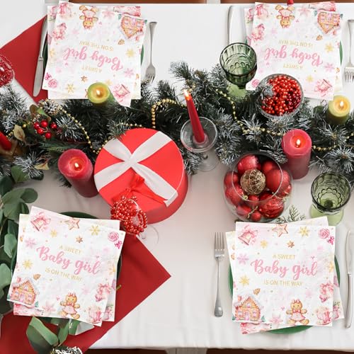 Christmas Gingerbread Baby Shower Napkins - Pink 48 Pack for Holiday Parties