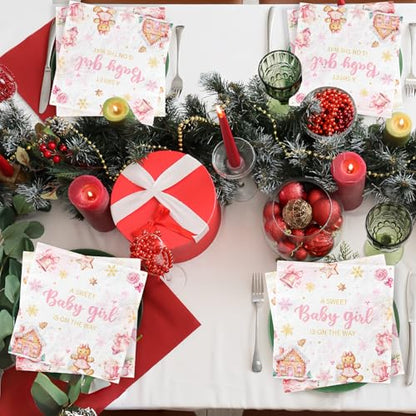 Christmas Gingerbread Baby Shower Napkins - Pink 48 Pack for Holiday Parties