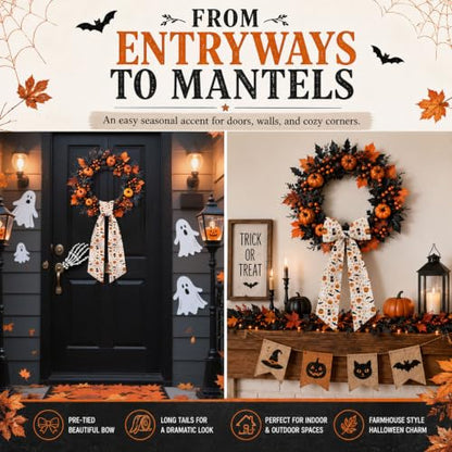 Halloween Wreath Sash Set - 2pcs 56 Inch Pumpkin Ghost Black Cat Satin Decorations