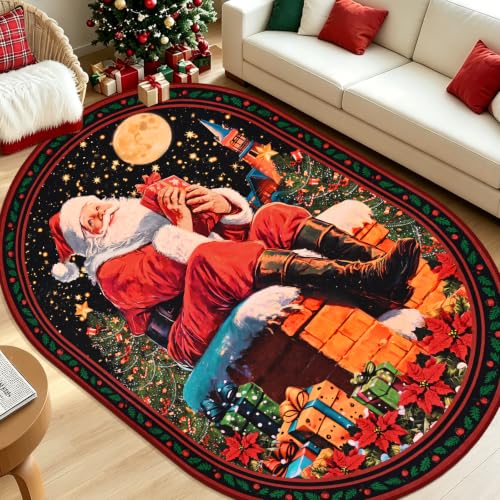 Red Christmas Oval Rug 4x6 Non Slip Washable Santa Bedroom Decor