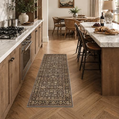 Warm Brown 2x5 Non-Slip Vintage Kitchen Rug Runner - Washable Floor Mat