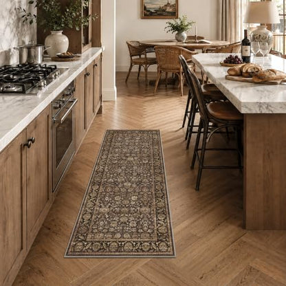 Warm Brown 2x5 Non-Slip Vintage Kitchen Rug Runner - Washable Floor Mat