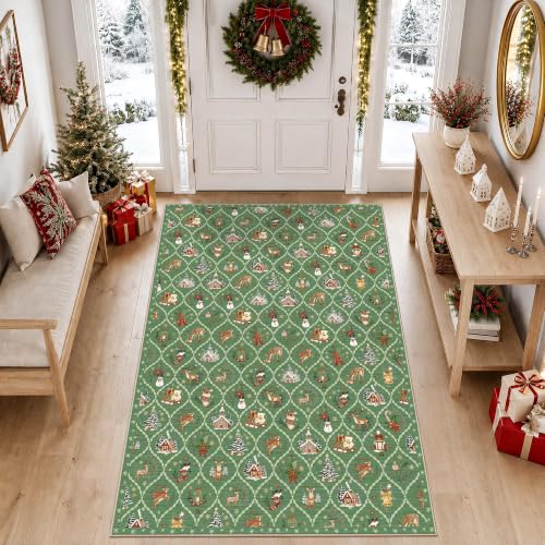Sage Green Christmas Area Rug 4x6 Washable Non-Slip Holiday Vintage Lattice