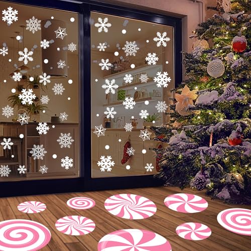 Pink Christmas Peppermint Floor Decals & Snowflake Wall Stickers - Holiday Decor
