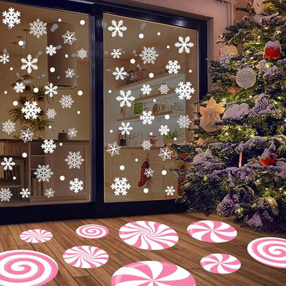 Pink Christmas Peppermint Floor Decals & Snowflake Wall Stickers - Holiday Decor