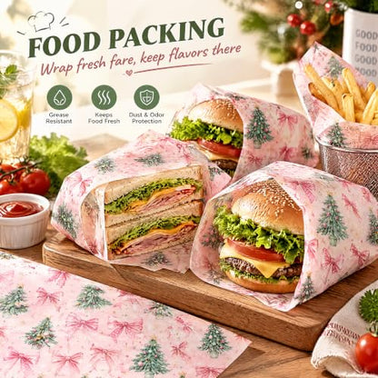 Pink Christmas Wax Paper Sheets for Food & Gift Wrapping, 150 Pack