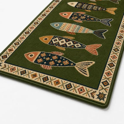 Fish Runner Rug 2x4ft - Washable Non-Slip Hallway Rug in Olive - Fish-Inspired Art