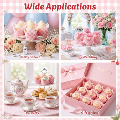 Pink Gingham Tulip Cupcake Liners - 100 Pack for Baking & Parties