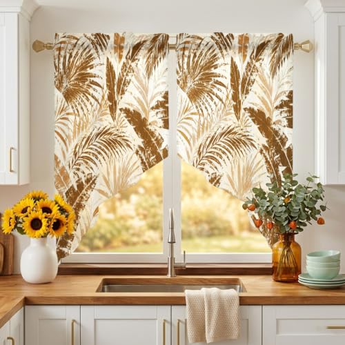 Brown Leaves Swag Curtains Set - Sepia, Bronze, Tan, Sand - 36x36 Inches, Pack of 2