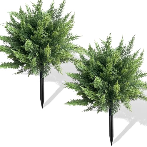 Artificial Cedar Topiary Ball Tree 24 Inch Outdoor Fake Plant Set - UV Resistant