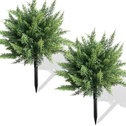 Artificial Cedar Topiary Ball Tree 24 Inch Outdoor Fake Plant Set - UV Resistant