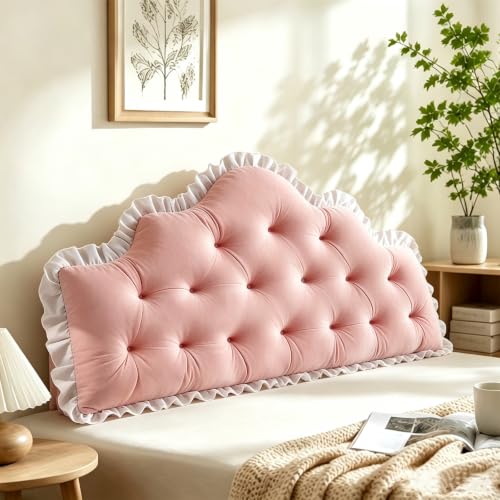 Pink Velvet Twin XL Dorm Headboard Pillow with Crown Tufted Design & Ruffle Trim - Reading Backrest Cushion, 39.37x21.65 Inches