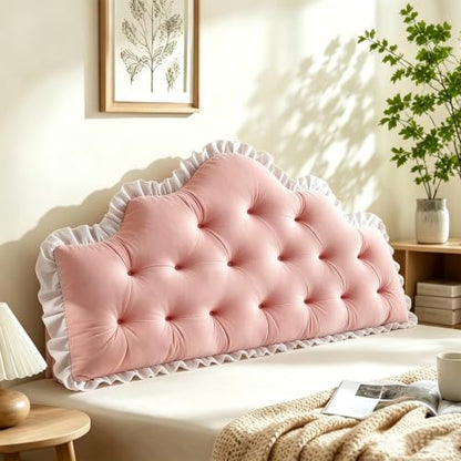 Pink Velvet Twin XL Dorm Headboard Pillow with Crown Tufted Design & Ruffle Trim - Reading Backrest Cushion, 39.37x21.65 Inches