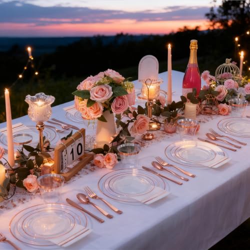 50 Guest Rose Gold Plastic Dinnerware Set for Weddings & Parties