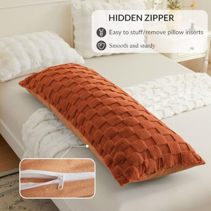 Checkered Faux Rabbit Fur Body Pillow Cover 20x54 Burnt Orange - Plush & Cozy