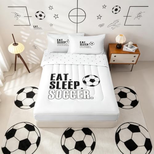 Kids Rugby Football Comforter Set - Queen Size, White & Black, 3-Piece