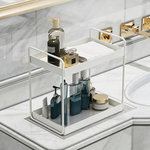 2 Tier Bathroom Counter Organizer Vanity Storage Shelf White - KINGBERWI
