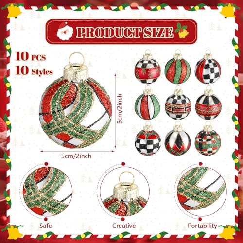 Christmas Plaid Tartan Glass Ball Ornaments - Classic Red Green Black, 10 Pack