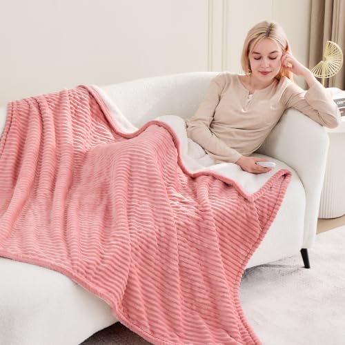 Pink Ribbed Electric Heated Throw Blanket - Soft Flannel with 5 Heat Levels, Gift for Women - Variation 01