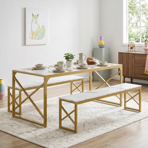 55-Inch Kitchen Dining Table Set for 4 with Benches - Space-Saving Steel Frame and Wood Grain Finish