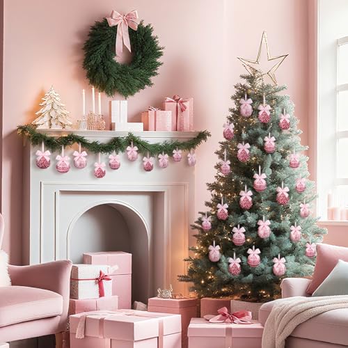 Pink Glitter Christmas Ball Ornaments Set - 12 Pack with Bow - Holiday Decor