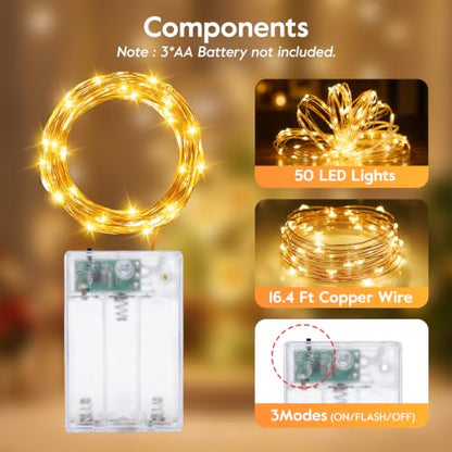 Warm White Battery Operated Fairy Lights 2 Pack 16ft LED String Lights