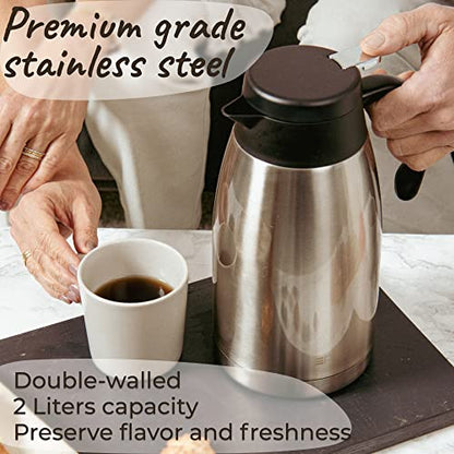 Pykal Thermal Coffee Carafe Stainless Steel - Heavy Duty Lab Tested Heat Retention - 2L (68 oz) Insulated Coffee Thermos Water & Beverage Dispenser - Premium Grade Thermal Pot Silver