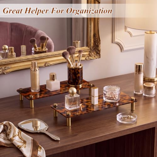 Tortoise Shell Bathroom Vanity Tray Set - Rectangle, Gold Stand, 2 Pack