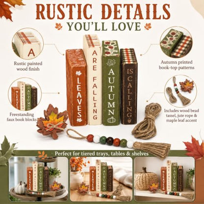 Rustic Maple Leaf Fall Wood Book Stack Table Decorations - Novabright 7 Pcs