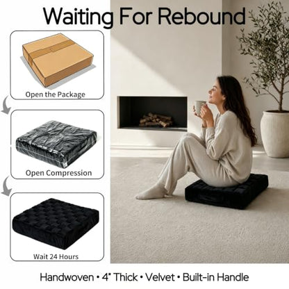 Black Square Floor Pillow Cushion with Velvet Cover and Handle - 18x18x4 Inch