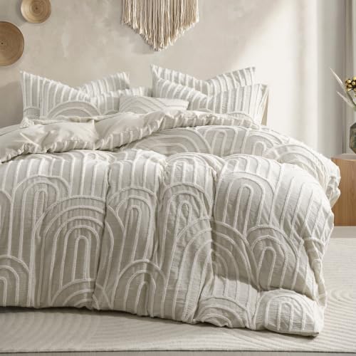Beige Queen Cotton Linen Texture Boho Duvet Cover Set with Embroidery