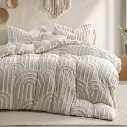 Beige Queen Cotton Linen Texture Boho Duvet Cover Set with Embroidery